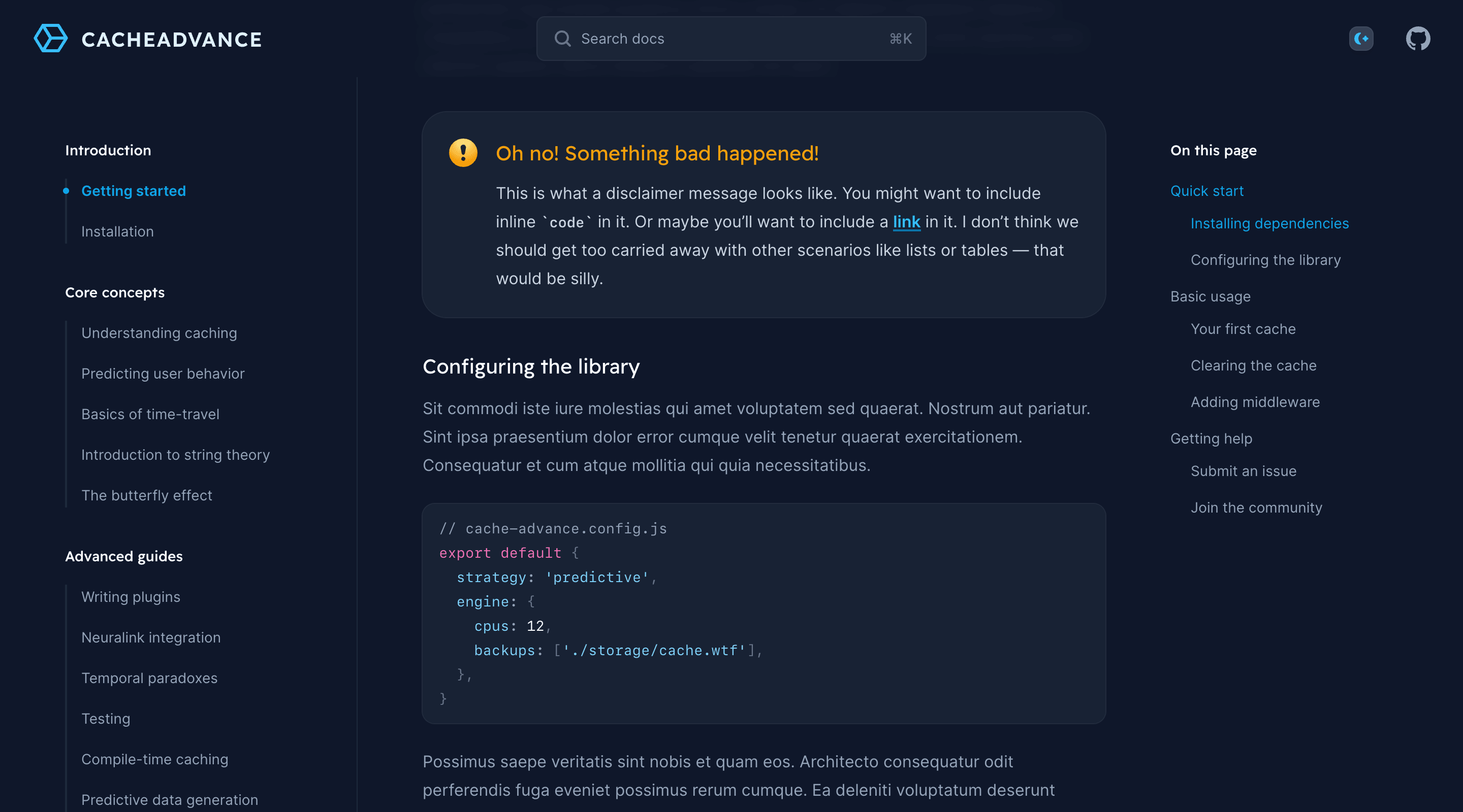 Screenshot of the Syntax Tailwind UI template. The header contains the CacheAdvance logo, a search bar, a theme toggle button, and a GitHub link. In the center of the screen is the main page content, with a warning callout at the top and a JavaScript code example at the bottom. The content is flanked by two sidebars. On the left is the main site navigation and on the right is the current page table of contents.